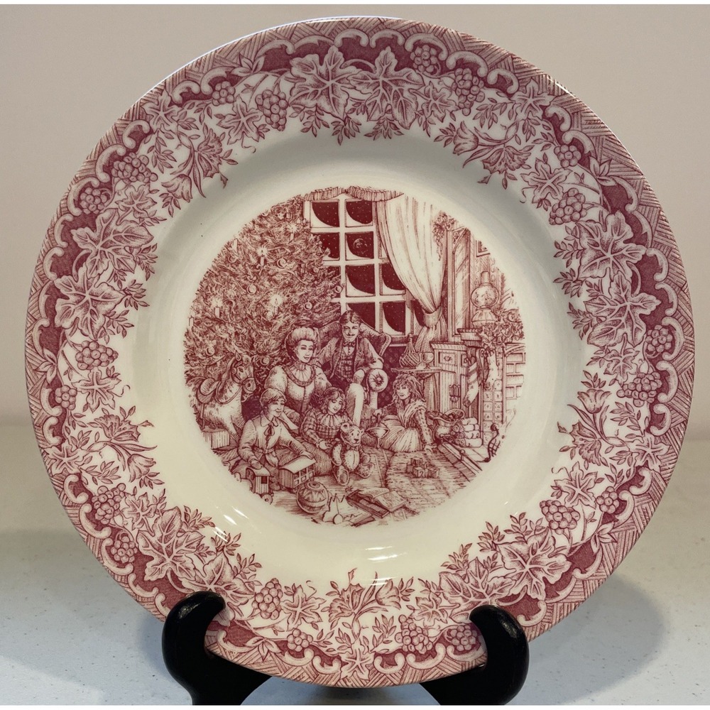 Churchill Victorian Christmas Red Transferware 8" Plate England Microwave Safe